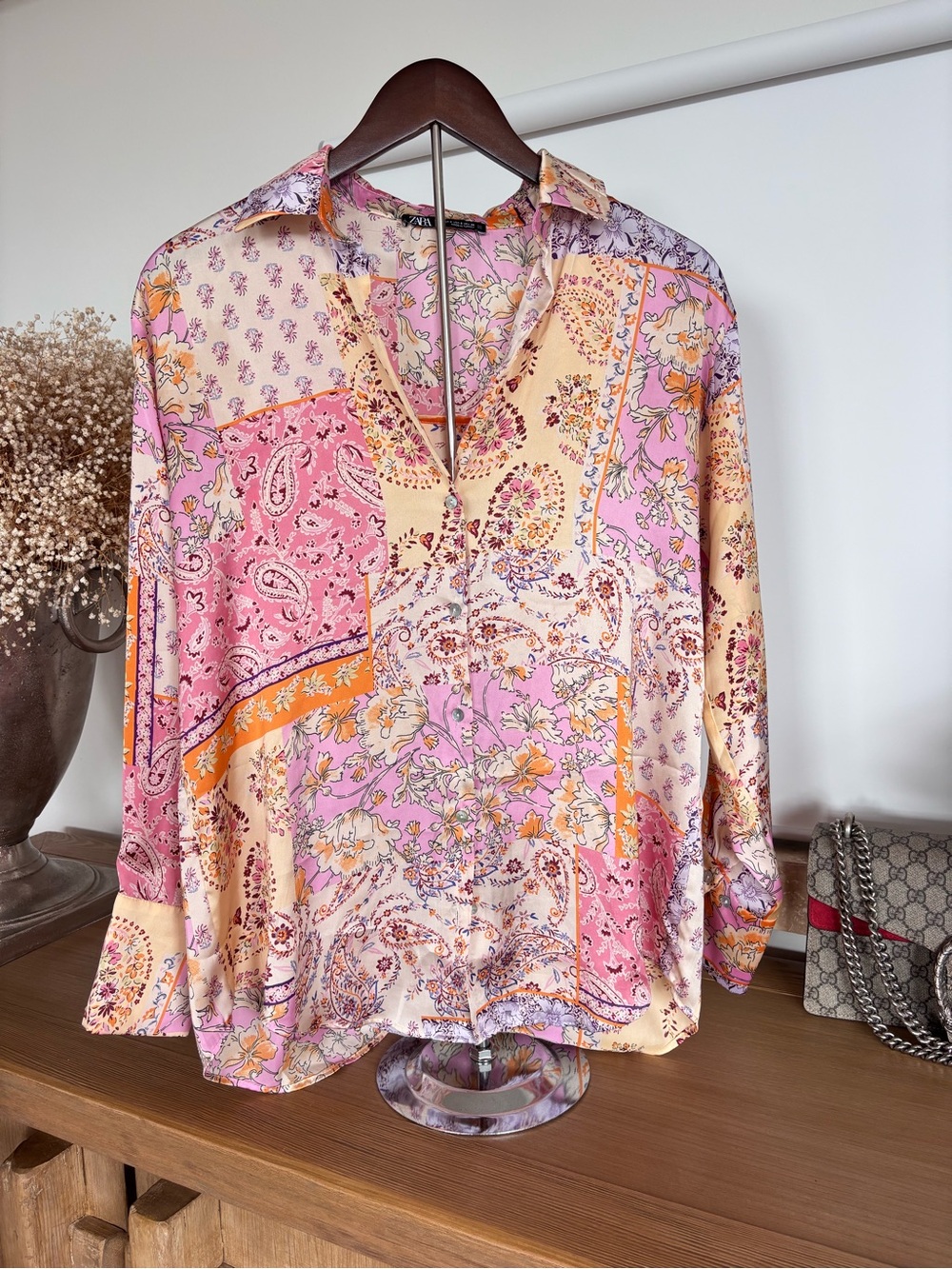 Zara S Patchwork Paisley Button Up Shirt in Pink and Cream Silk Feels Blouse - Picture 4 of 16